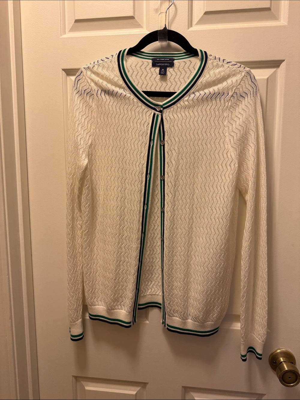 Lands' End Cream Openwork Cardigan with Green and Navy Trim